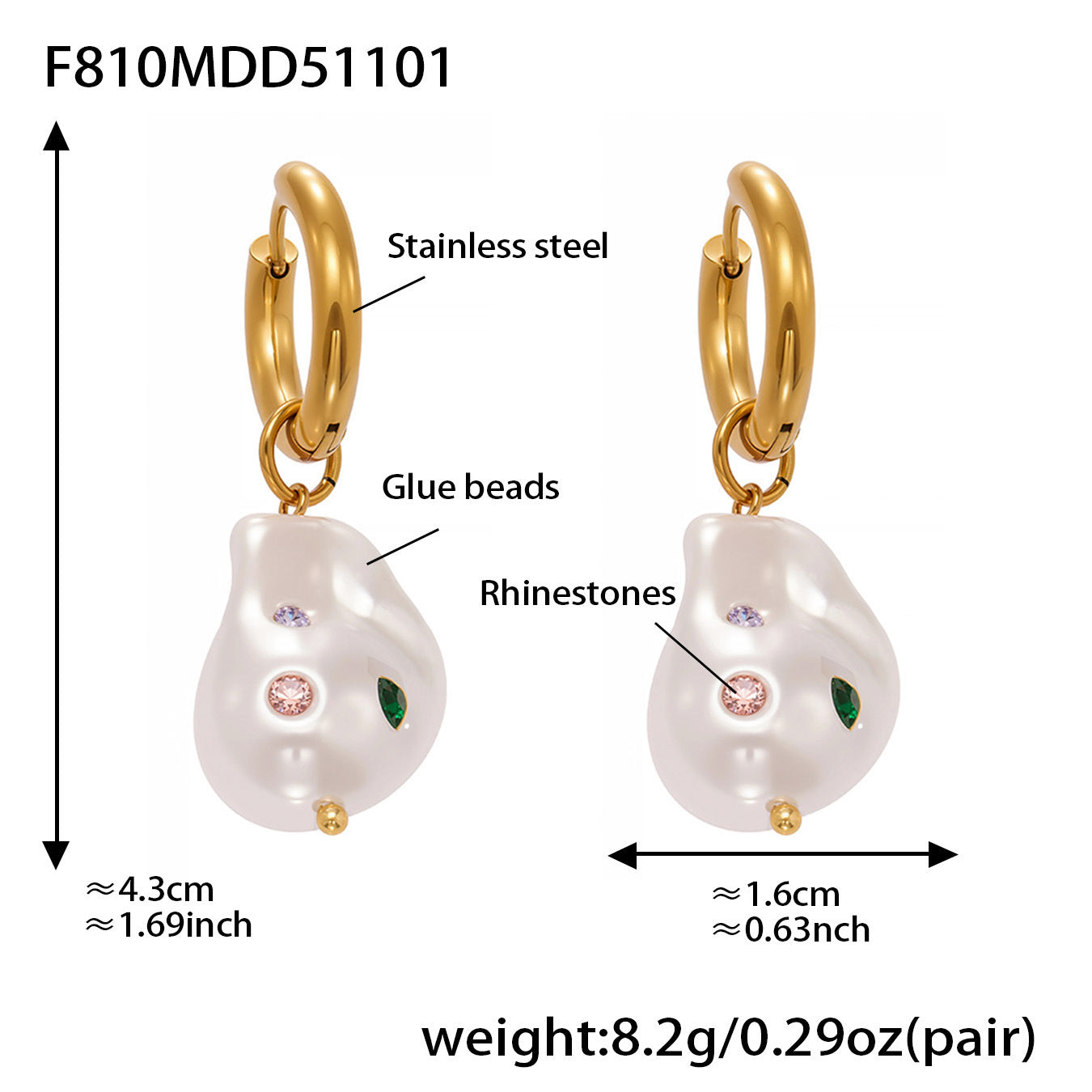 316L Stainless Steel 18K Gold Plated Baroque Pearl & Crystal Earrings - Image 2