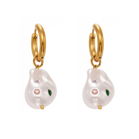 316L Stainless Steel 18K Gold Plated Baroque Pearl & Crystal Earrings - Image 4
