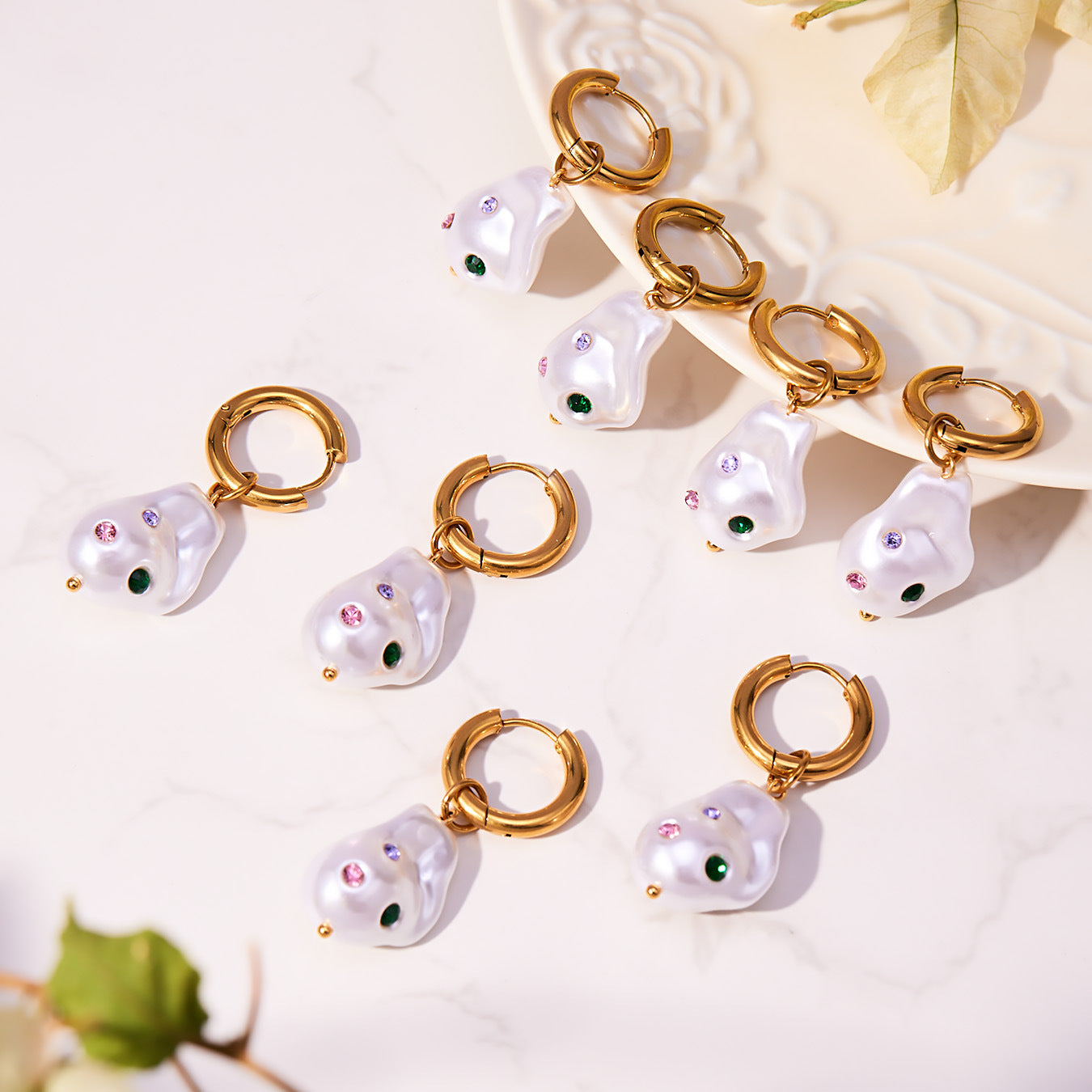 316L Stainless Steel 18K Gold Plated Baroque Pearl & Crystal Earrings - Image 5