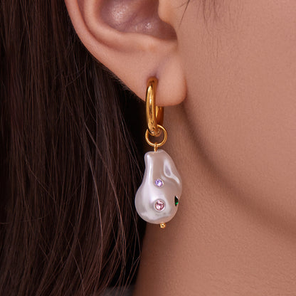 316L Stainless Steel 18K Gold Plated Baroque Pearl & Crystal Earrings - Image 6
