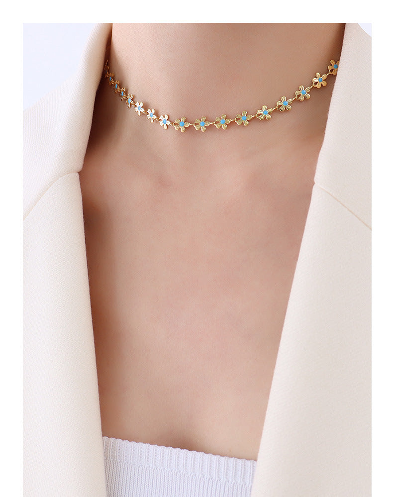 316L Stainless Steel 18K Gold Plated Blue Enamel Flower Delicate Necklace & Bracelet - Image 10