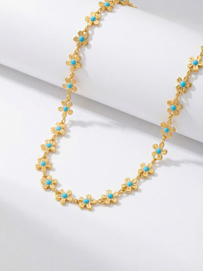 316L Stainless Steel 18K Gold Plated Blue Enamel Flower Pendant Necklace - Image 10