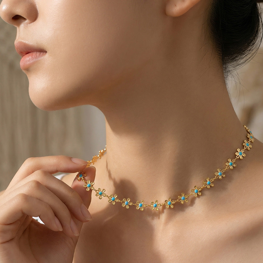 316L Stainless Steel 18K Gold Plated Blue Enamel Flower Pendant Necklace - Image 1