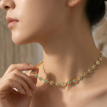 316L Stainless Steel 18K Gold Plated Blue Enamel Flower Pendant Necklace - Image 1