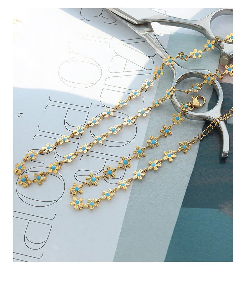 316L Stainless Steel 18K Gold Plated Blue Enamel Flower Delicate Necklace & Bracelet - Image 2