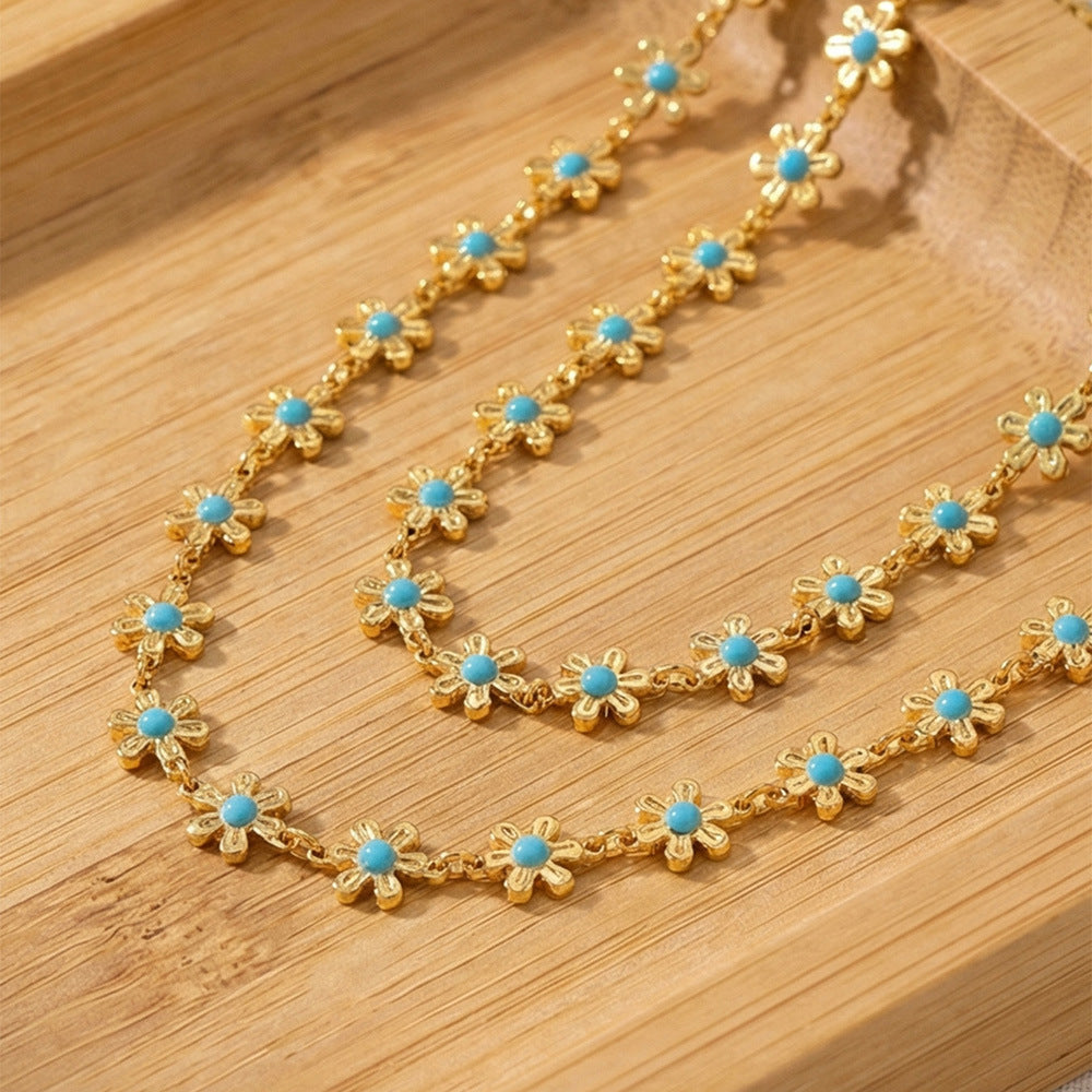 316L Stainless Steel 18K Gold Plated Blue Enamel Flower Pendant Necklace - Image 2