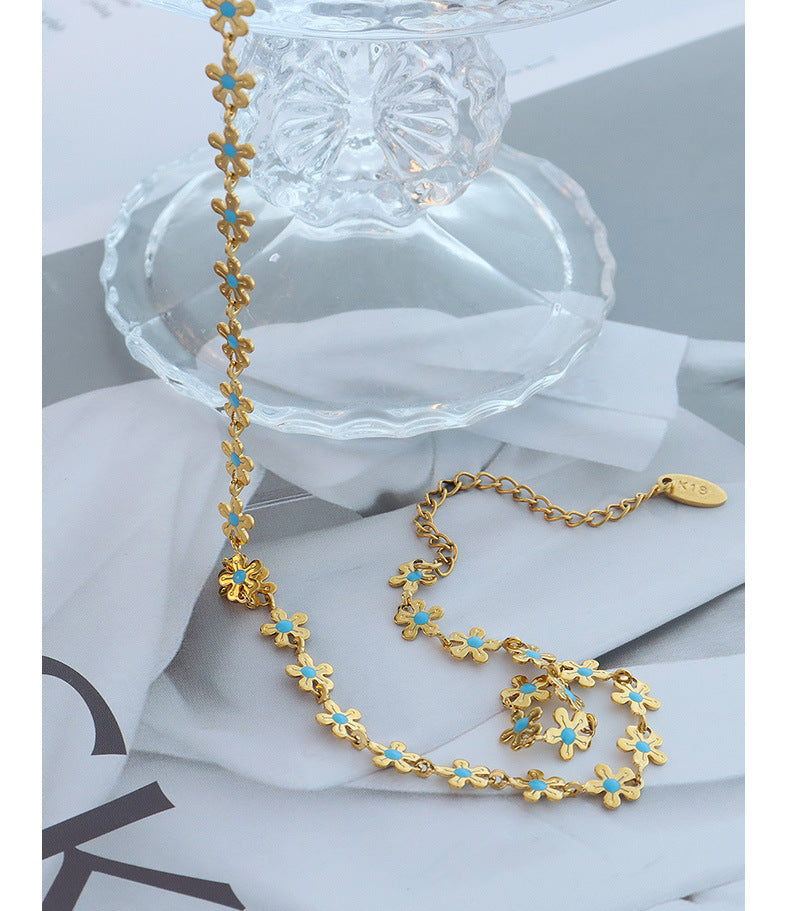 316L Stainless Steel 18K Gold Plated Blue Enamel Flower Delicate Necklace & Bracelet - Image 4