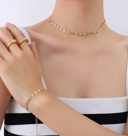 316L Stainless Steel 18K Gold Plated Blue Enamel Flower Delicate Necklace & Bracelet - Image 5