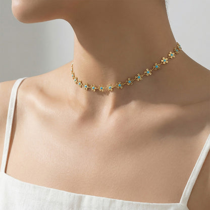 316L Stainless Steel 18K Gold Plated Blue Enamel Flower Pendant Necklace - Image 5