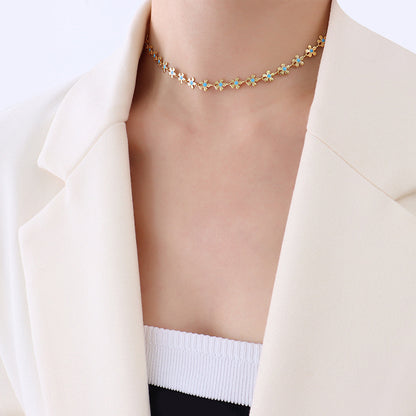 316L Stainless Steel 18K Gold Plated Blue Enamel Flower Delicate Necklace & Bracelet - Image 6