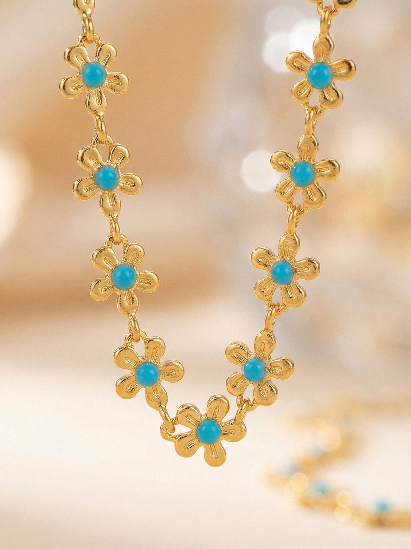 316L Stainless Steel 18K Gold Plated Blue Enamel Flower Pendant Necklace - Image 6