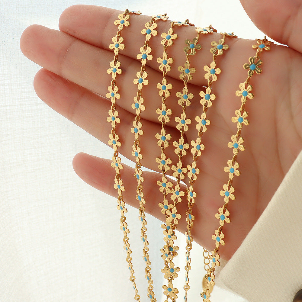316L Stainless Steel 18K Gold Plated Blue Enamel Flower Delicate Necklace & Bracelet - Image 7