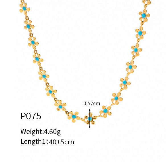 316L Stainless Steel 18K Gold Plated Blue Enamel Flower Delicate Necklace & Bracelet - Image 8