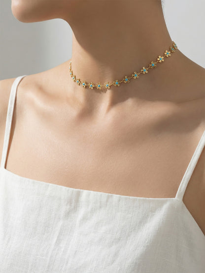 316L Stainless Steel 18K Gold Plated Blue Enamel Flower Pendant Necklace - Image 8