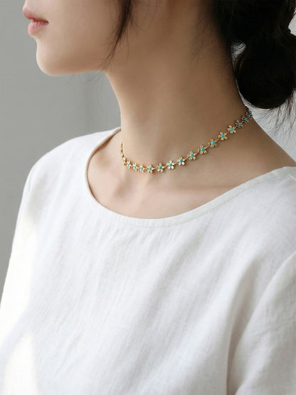 316L Stainless Steel 18K Gold Plated Blue Enamel Flower Pendant Necklace - Image 9