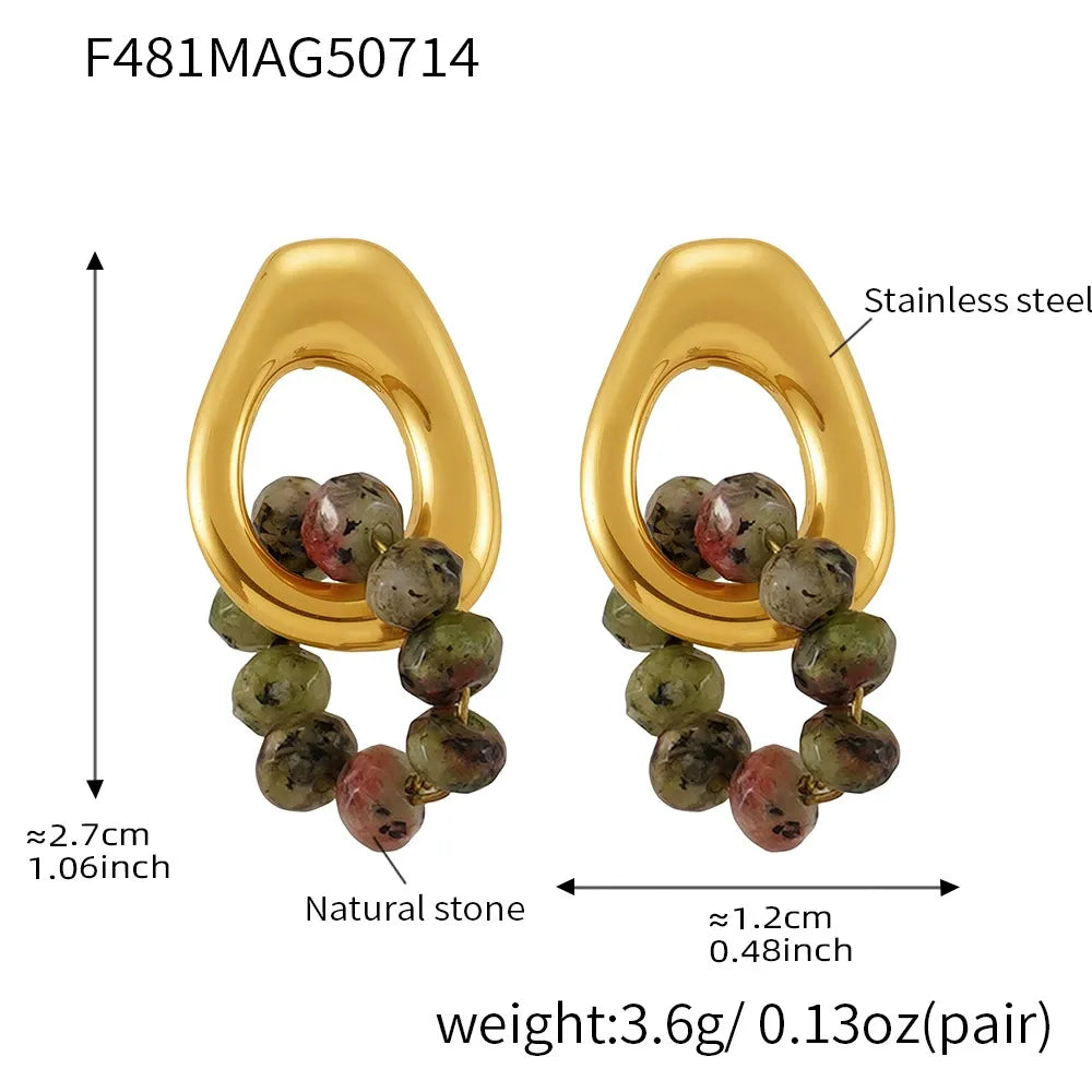 Product specifications and dimensions of the natural stone hypoallergenic gold hoop earrings.