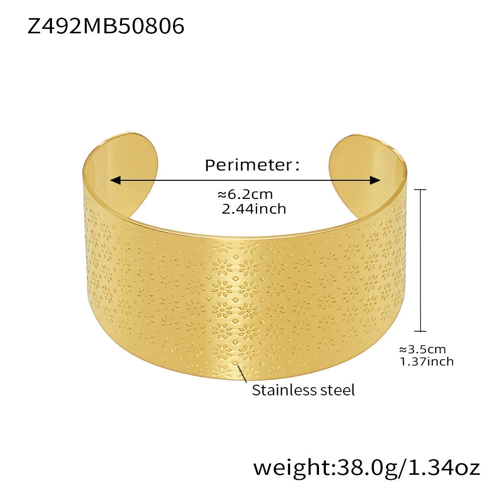 316L Stainless Steel 18K Gold Plated Bold Floral Pattern Adjustable Open Cuff Bracelet - Image 6