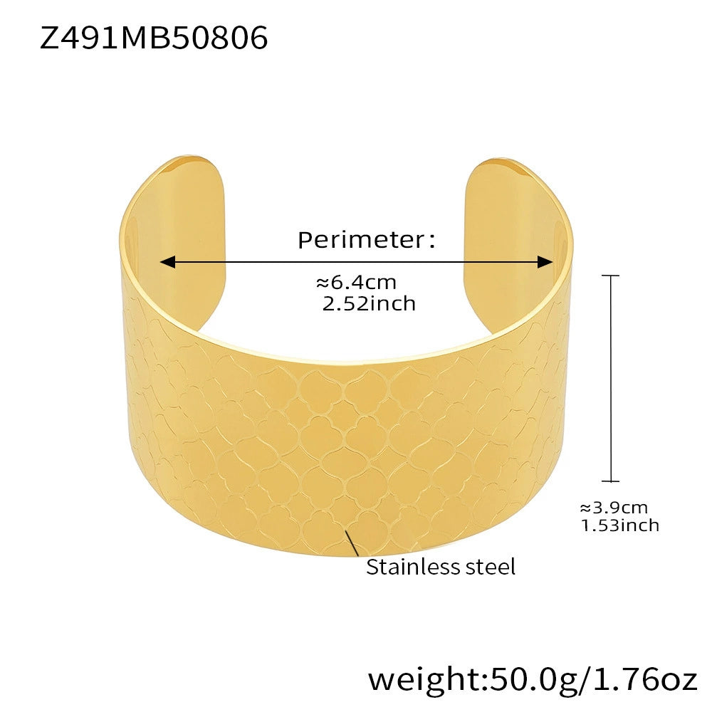 316L Stainless Steel 18K Gold Plated Bold Floral Pattern Adjustable Open Cuff Bracelet - Image 7