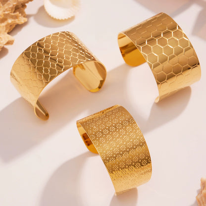 316L Stainless Steel 18K Gold Plated Bold Floral Pattern Adjustable Open Cuff Bracelet - Image 8