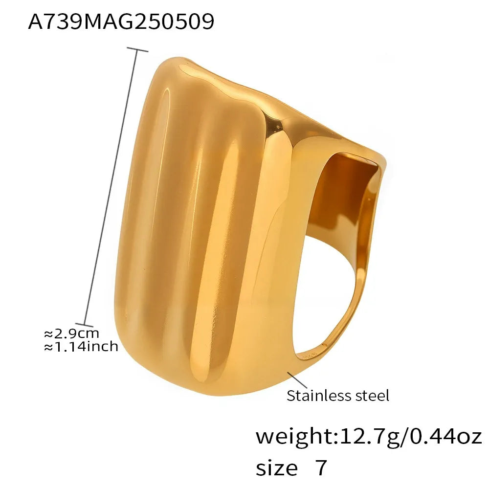 Bold geometric wide band ring in gold tone product card for wholesale buyers