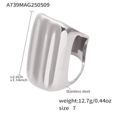 Bold geometric wide band ring in steel tone product card for boutique wholesale