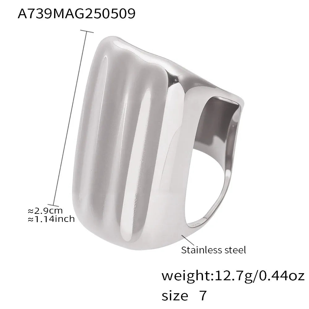 Bold geometric wide band ring in steel tone product card for boutique wholesale