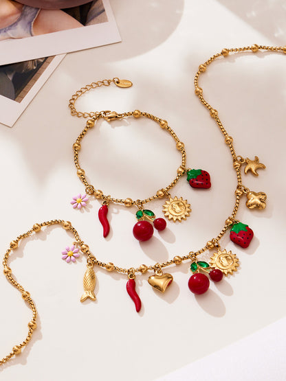 316L Stainless Steel 18K Gold Plated Cherry Blossom & Enamel Daisy Bracelet & Necklace - Image 2