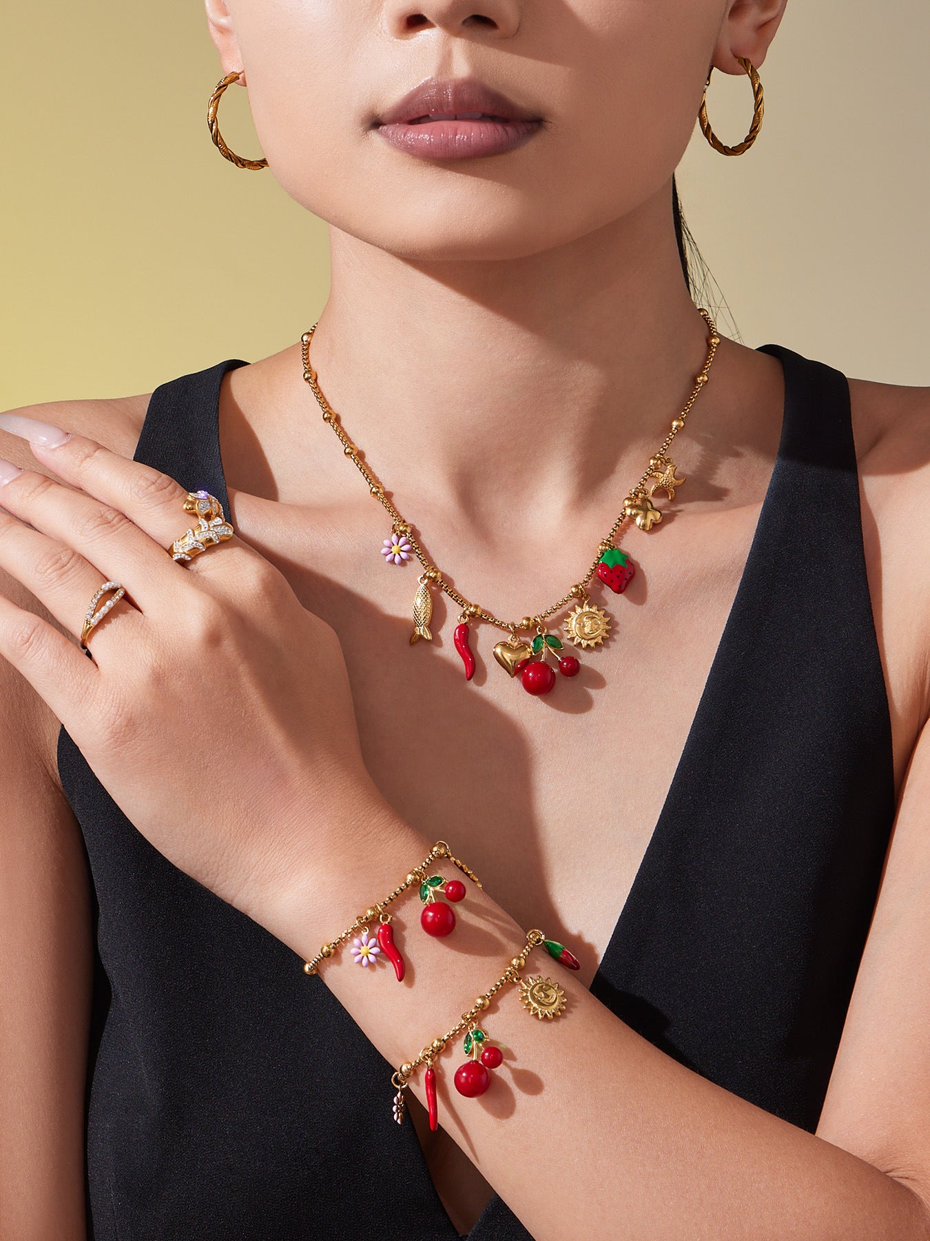 316L Stainless Steel 18K Gold Plated Cherry Blossom & Enamel Daisy Bracelet & Necklace - Image 4