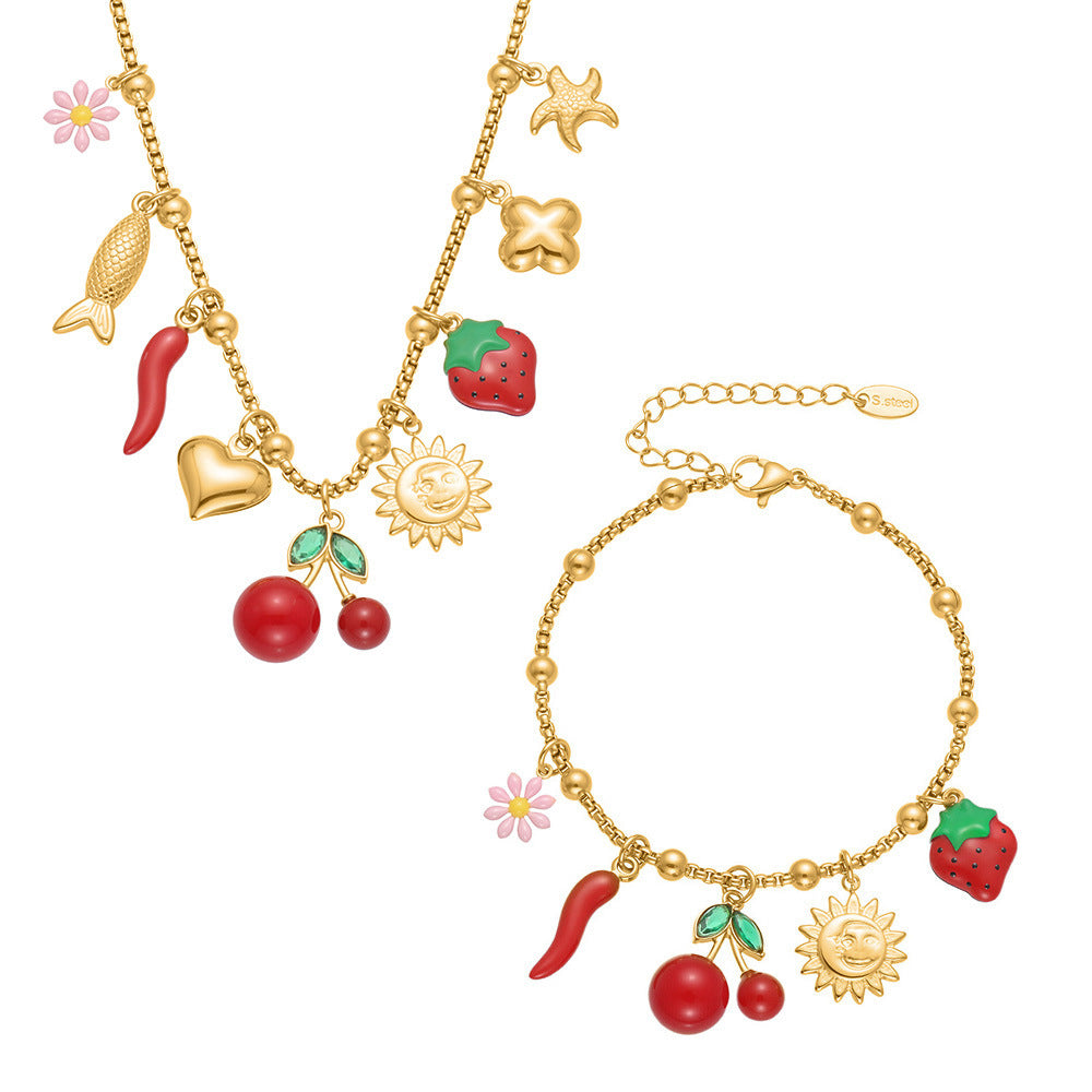 316L Stainless Steel 18K Gold Plated Cherry Blossom & Enamel Daisy Bracelet & Necklace - Image 5