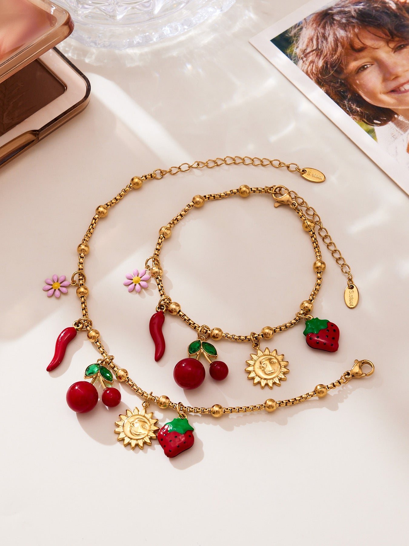 316L Stainless Steel 18K Gold Plated Cherry Blossom & Enamel Daisy Bracelet & Necklace - Image 7