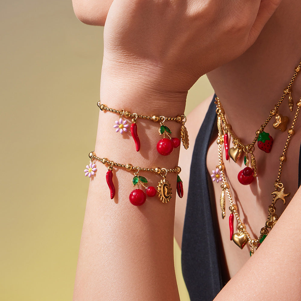 316L Stainless Steel 18K Gold Plated Cherry Blossom & Enamel Daisy Bracelet & Necklace - Image 8