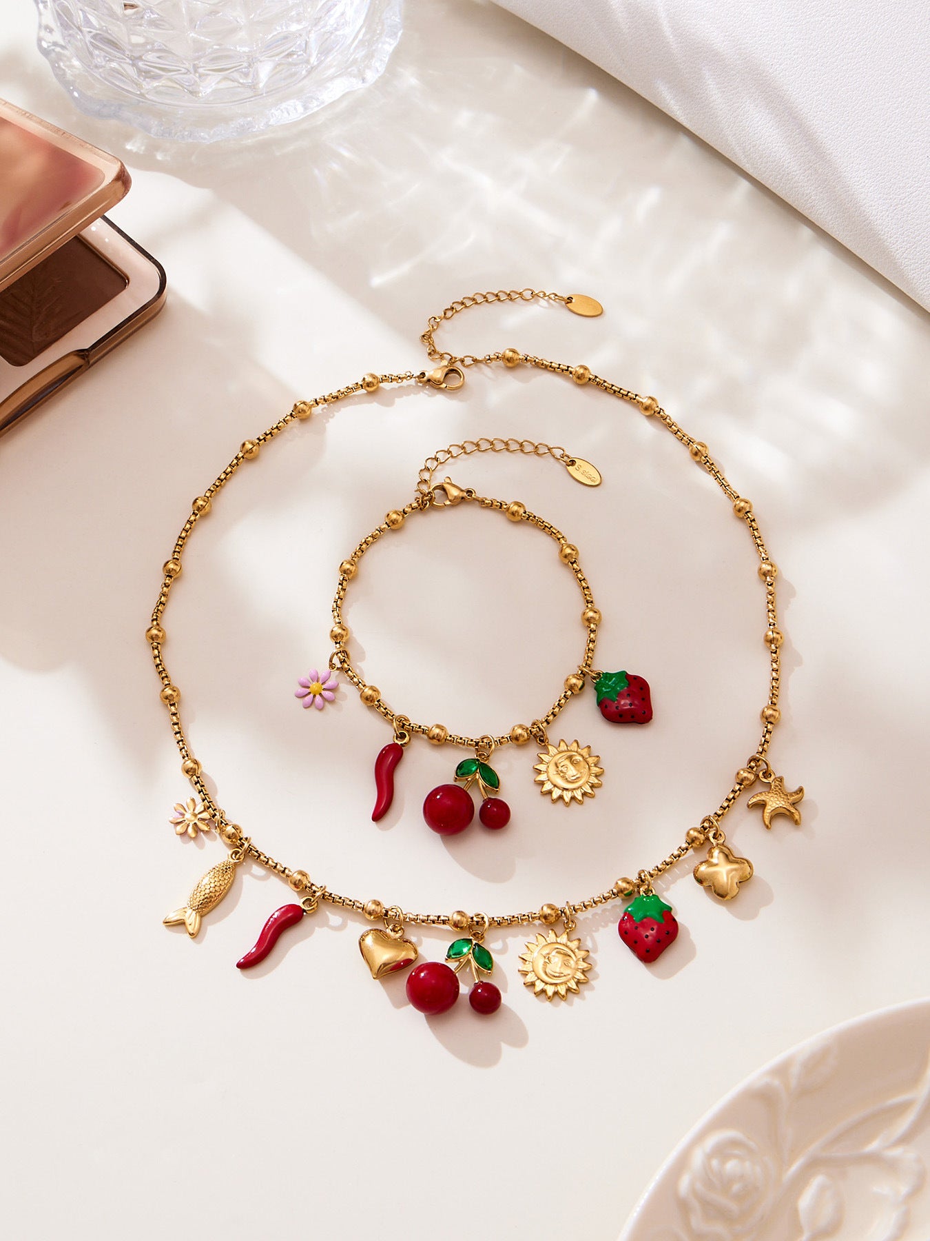 316L Stainless Steel 18K Gold Plated Cherry Blossom & Enamel Daisy Bracelet & Necklace - Image 9