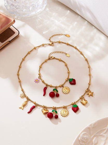 316L Stainless Steel 18K Gold Plated Cherry Blossom & Enamel Daisy Bracelet & Necklace - Image 9