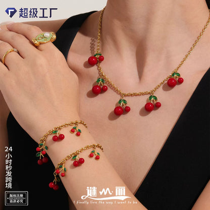 316L Stainless Steel 18K Gold Plated Cherry Necklace & Bracelet Set - Image 1