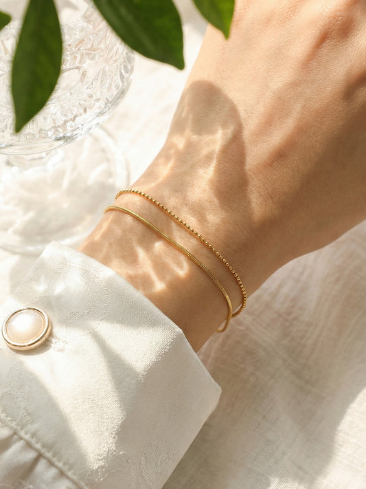 316L Stainless Steel 18K Gold Plated Chic Layered Flat Snake & Rice Bead Bracelet - Image 1