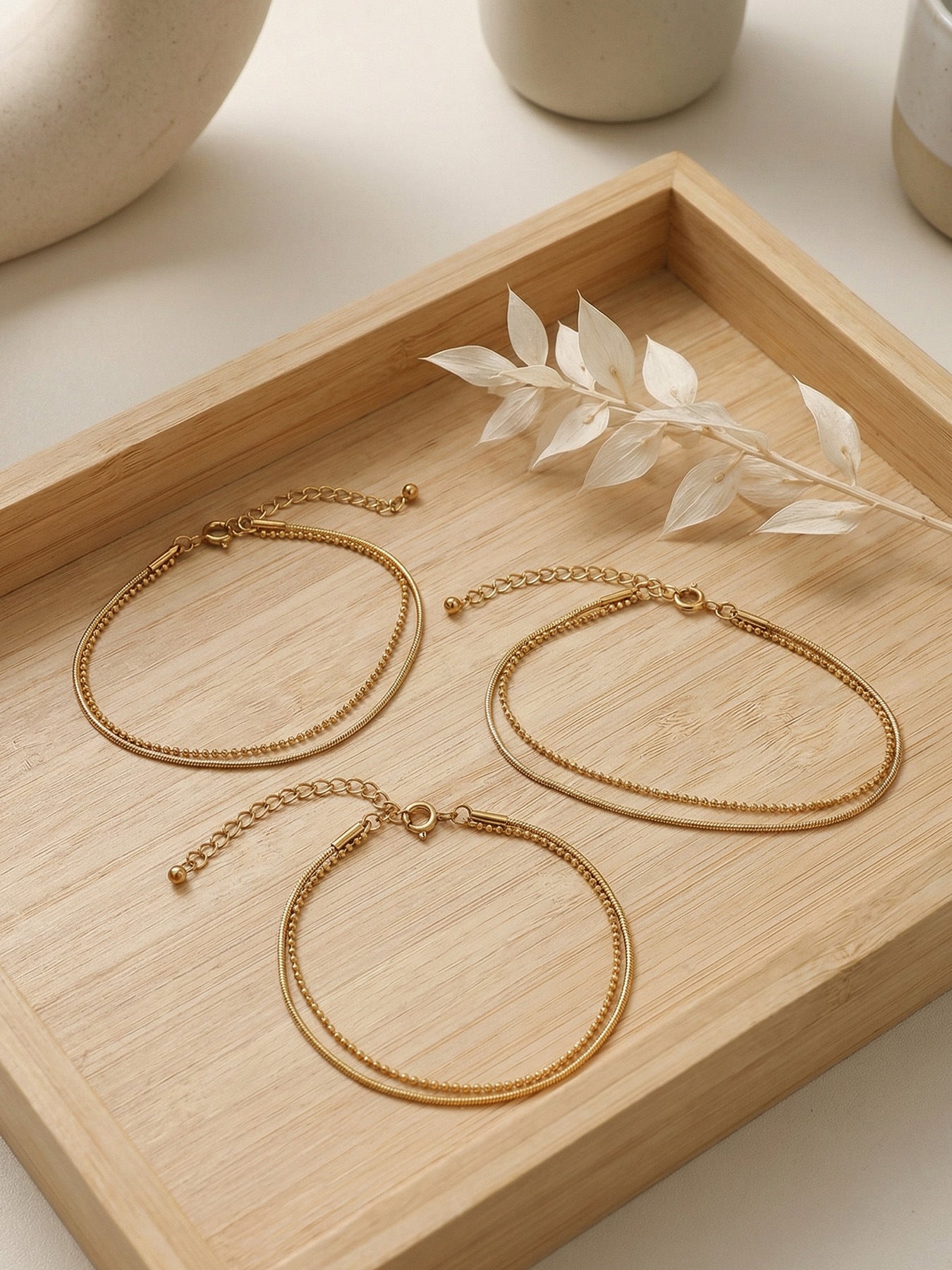 316L Stainless Steel 18K Gold Plated Chic Layered Flat Snake & Rice Bead Bracelet - Image 2