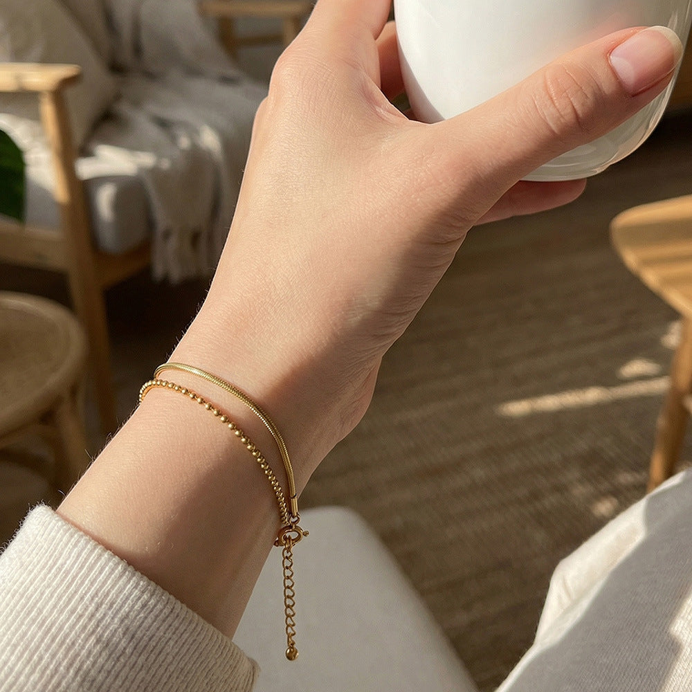 316L Stainless Steel 18K Gold Plated Chic Layered Flat Snake & Rice Bead Bracelet - Image 4