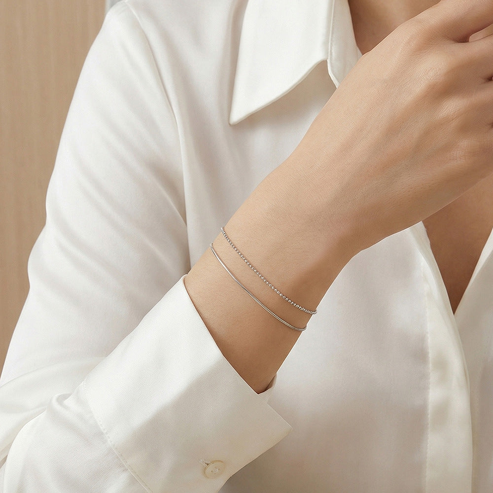 316L Stainless Steel 18K Gold Plated Chic Layered Flat Snake & Rice Bead Bracelet - Image 5