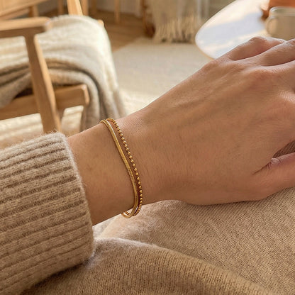 316L Stainless Steel 18K Gold Plated Chic Layered Flat Snake & Rice Bead Bracelet - Image 6