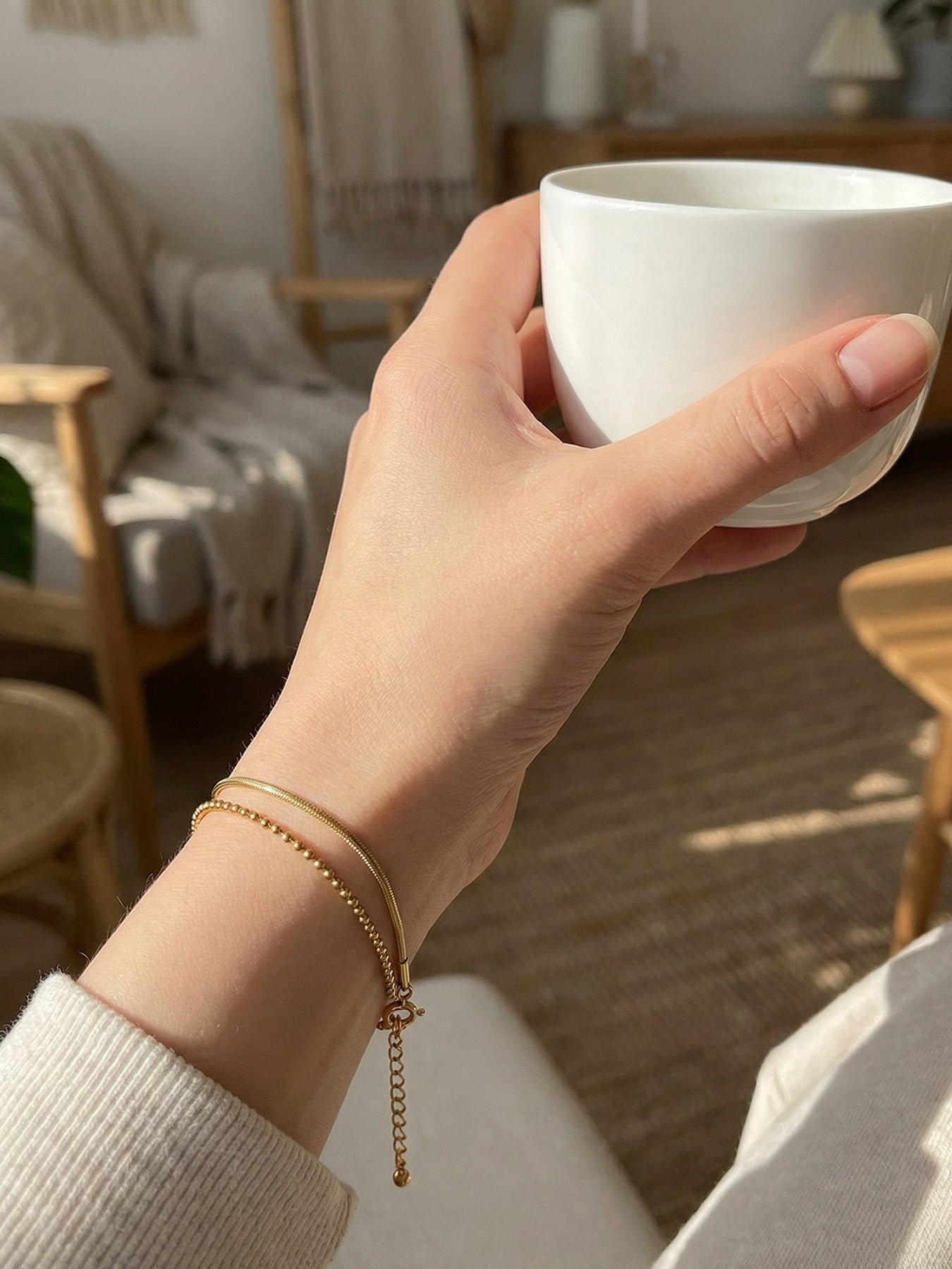 316L Stainless Steel 18K Gold Plated Chic Layered Flat Snake & Rice Bead Bracelet - Image 7