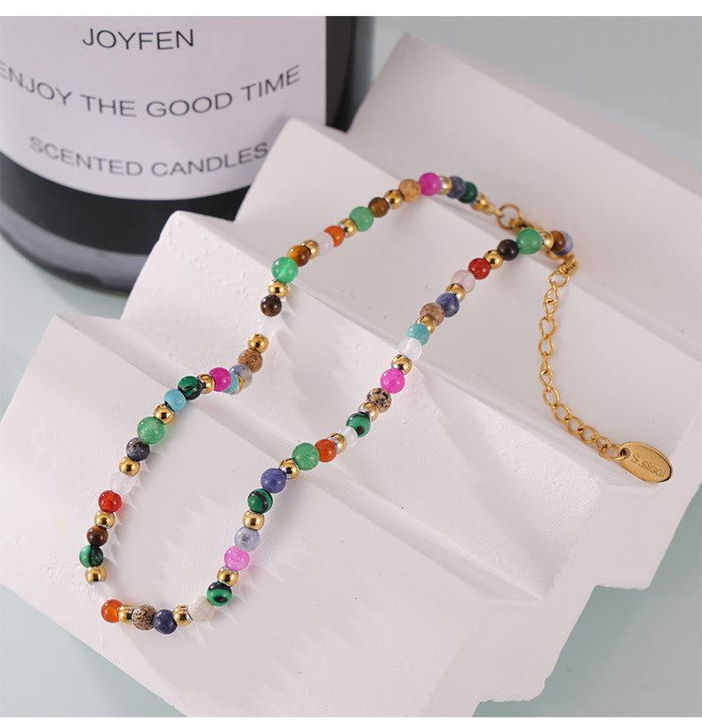 316L Stainless Steel 18K Gold Plated Colorful Natural Stone Beaded Anklet - Image 2