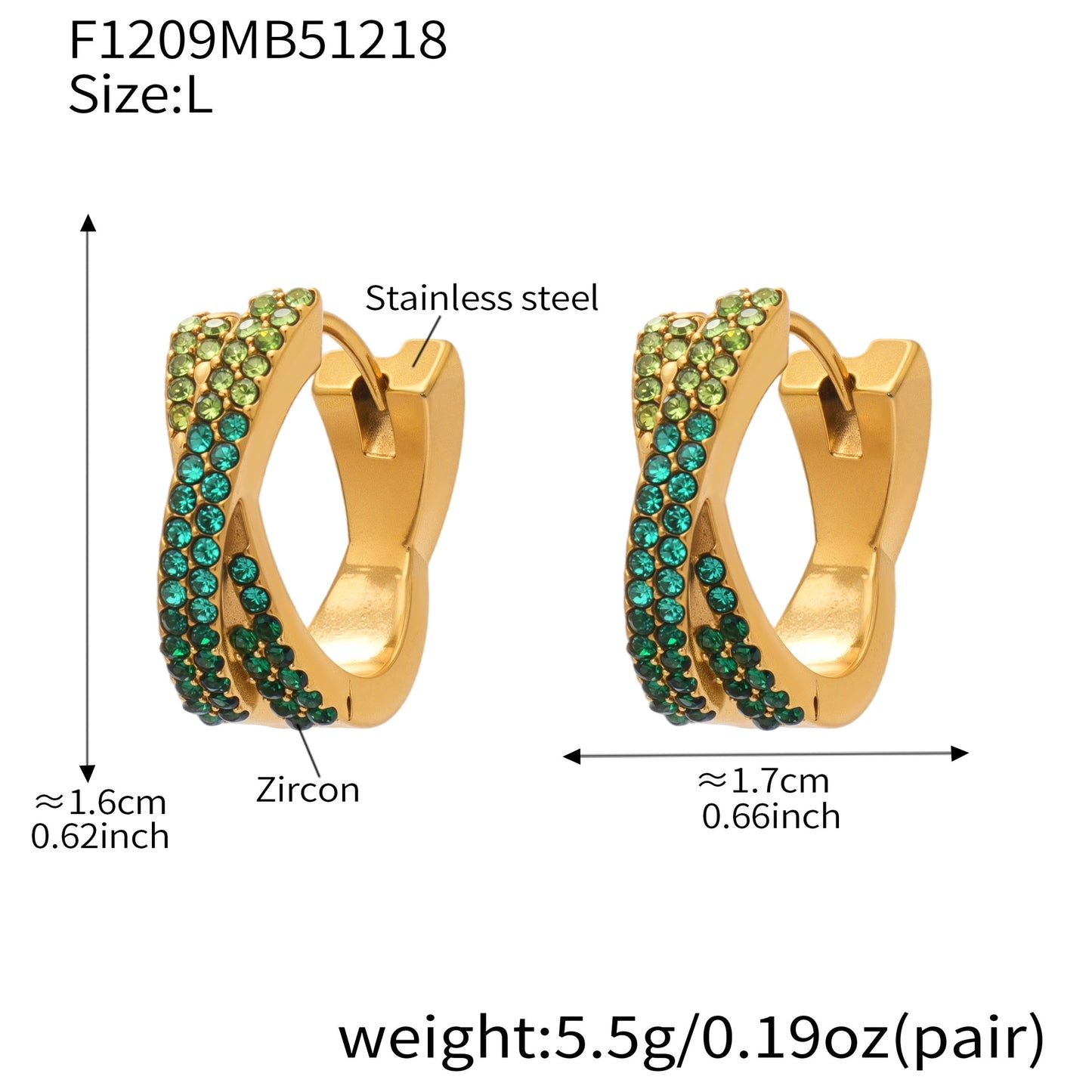 316L Stainless Steel 18K Gold Plated Colorful Zircon Criss-Cross Huggie Hoop Earrings - Image 1