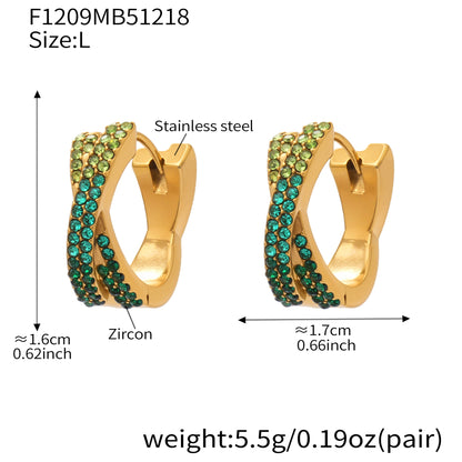 316L Stainless Steel 18K Gold Plated Colorful Zircon Criss-Cross Huggie Hoop Earrings - Image 1