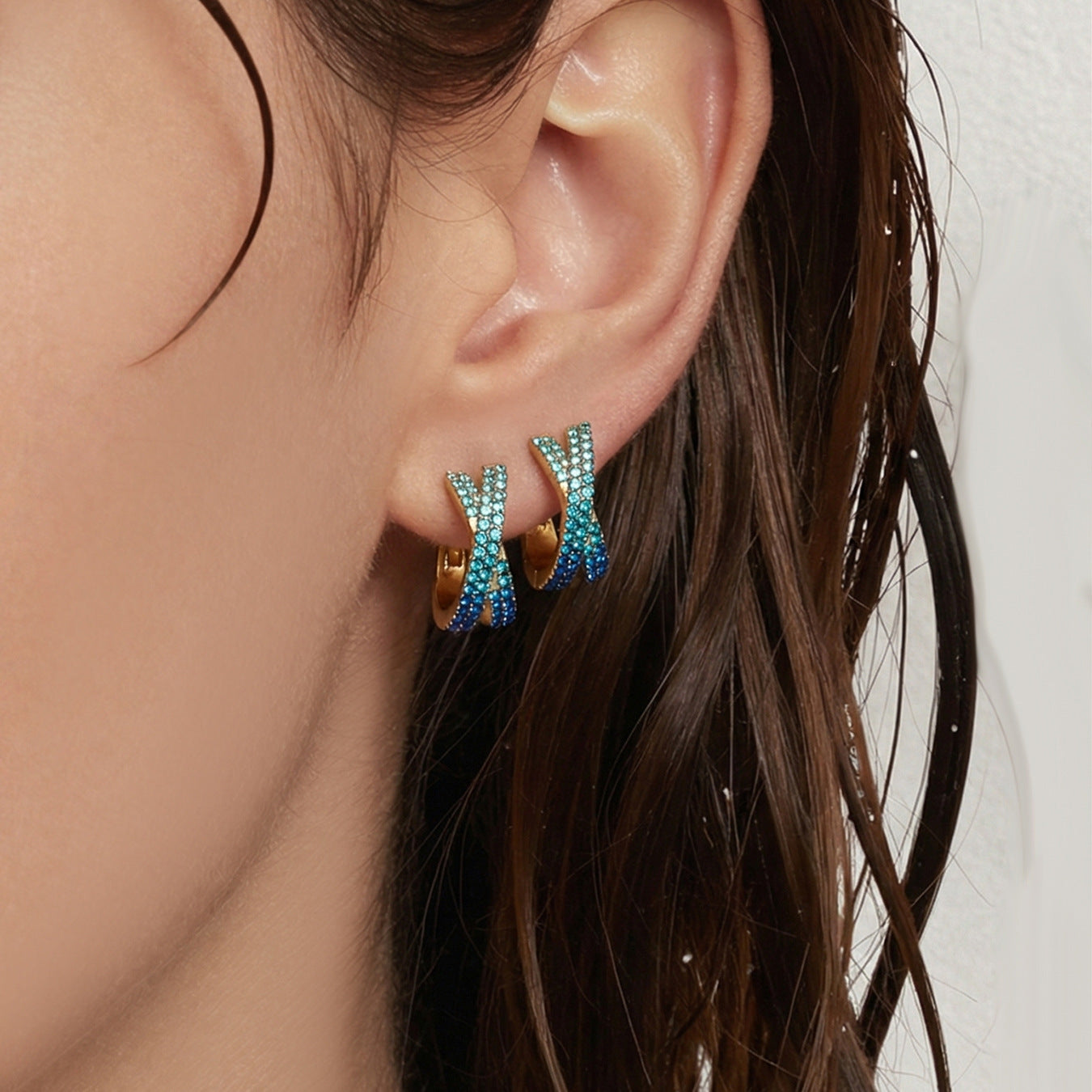 316L Stainless Steel 18K Gold Plated Colorful Zircon Criss-Cross Huggie Hoop Earrings - Image 11