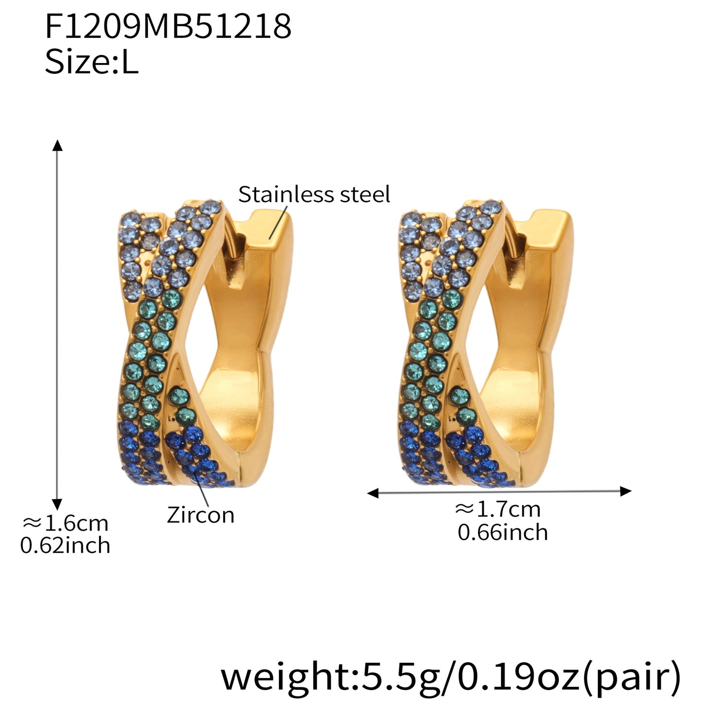 316L Stainless Steel 18K Gold Plated Colorful Zircon Criss-Cross Huggie Hoop Earrings - Image 16