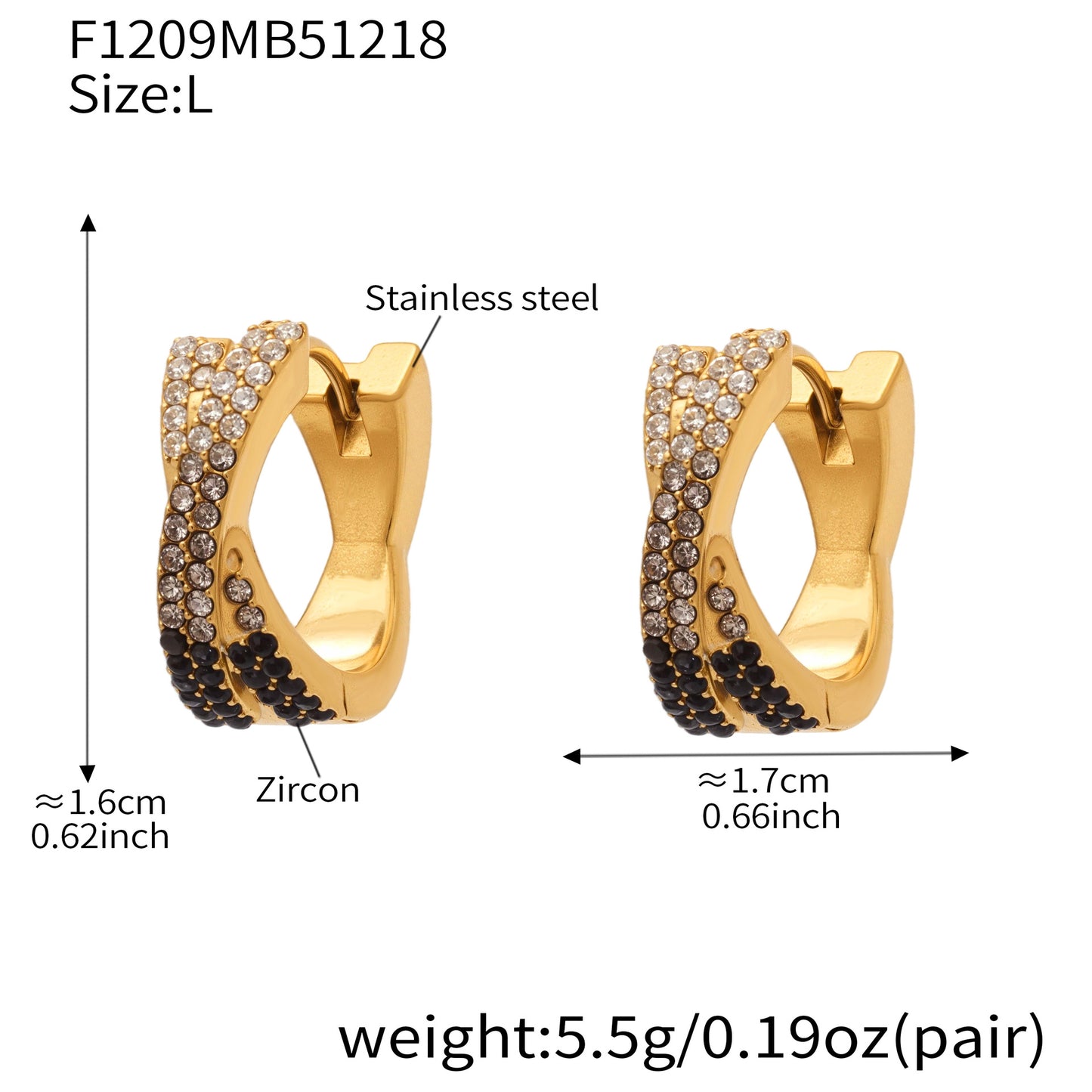 316L Stainless Steel 18K Gold Plated Colorful Zircon Criss-Cross Huggie Hoop Earrings - Image 2