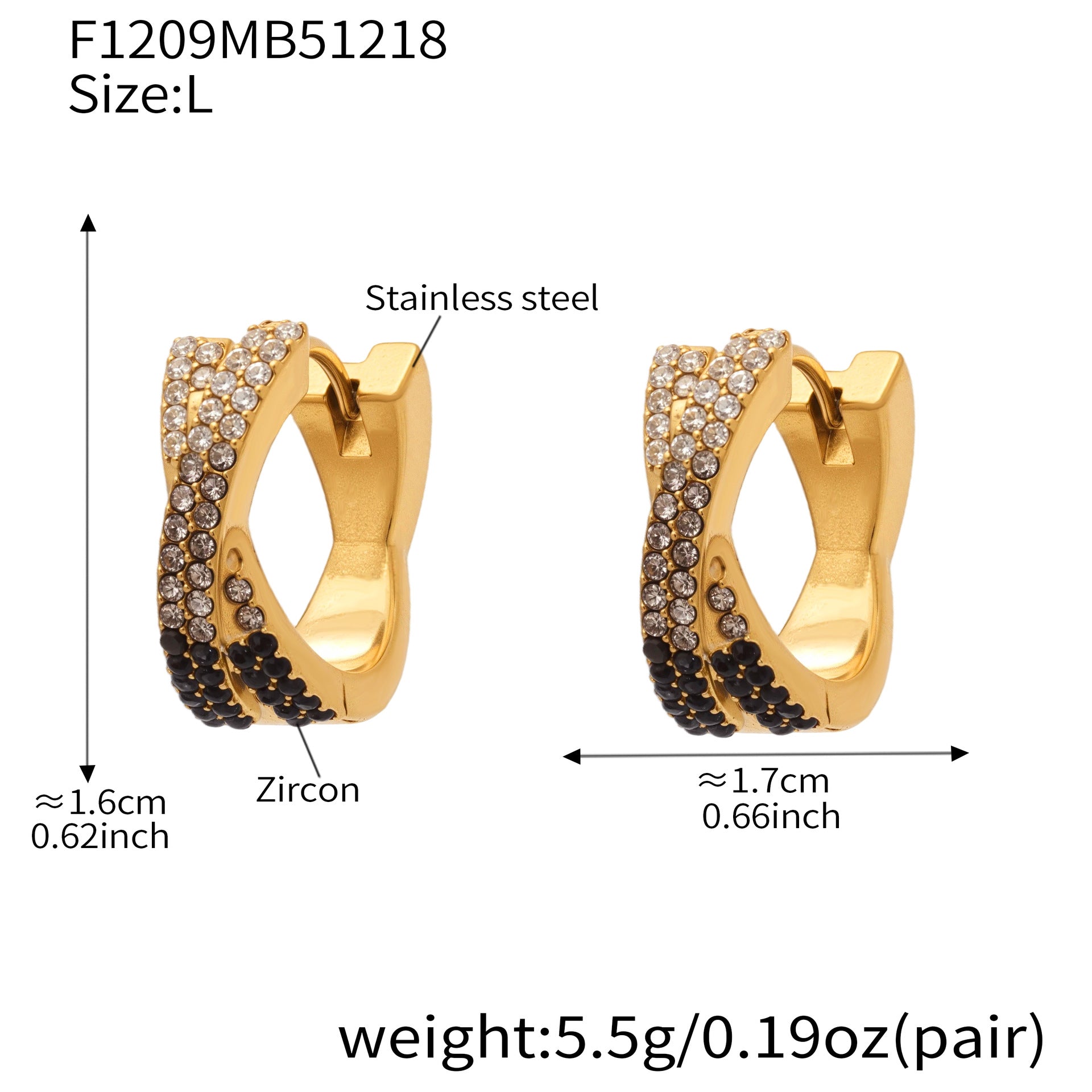316L Stainless Steel 18K Gold Plated Colorful Zircon Criss-Cross Huggie Hoop Earrings - Image 2