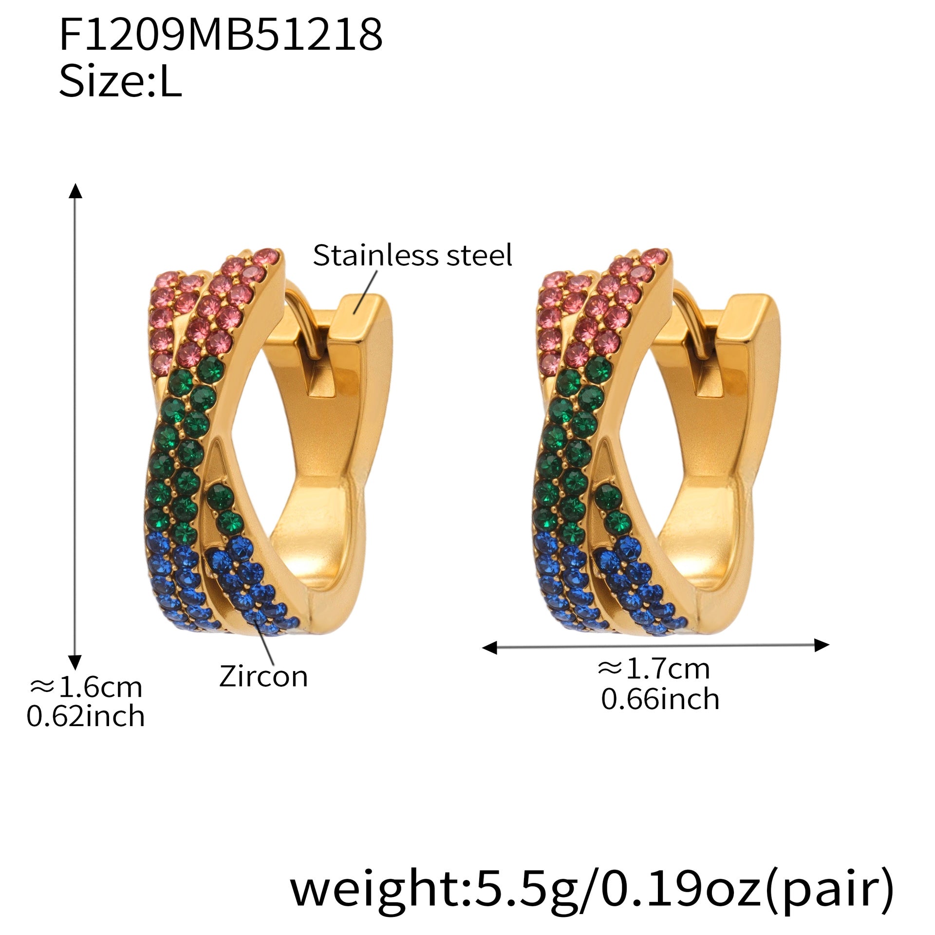 316L Stainless Steel 18K Gold Plated Colorful Zircon Criss-Cross Huggie Hoop Earrings - Image 20