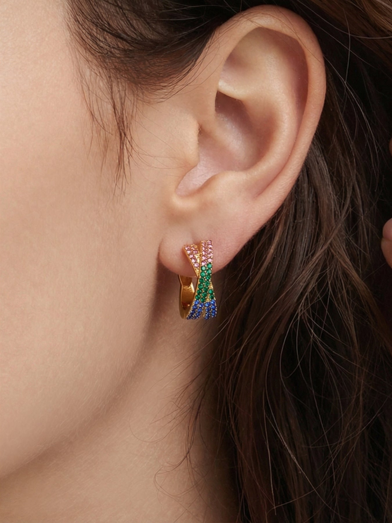 316L Stainless Steel 18K Gold Plated Colorful Zircon Criss-Cross Huggie Hoop Earrings - Image 21