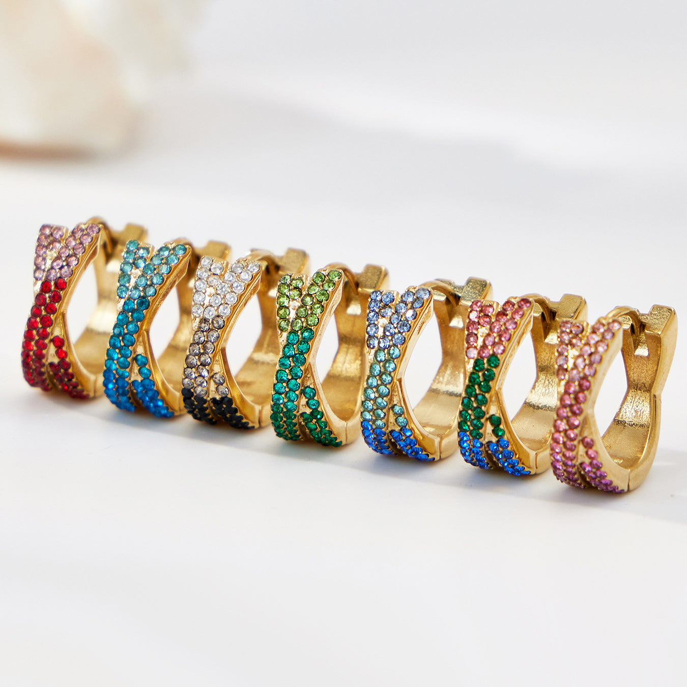 316L Stainless Steel 18K Gold Plated Colorful Zircon Criss-Cross Huggie Hoop Earrings - Image 28